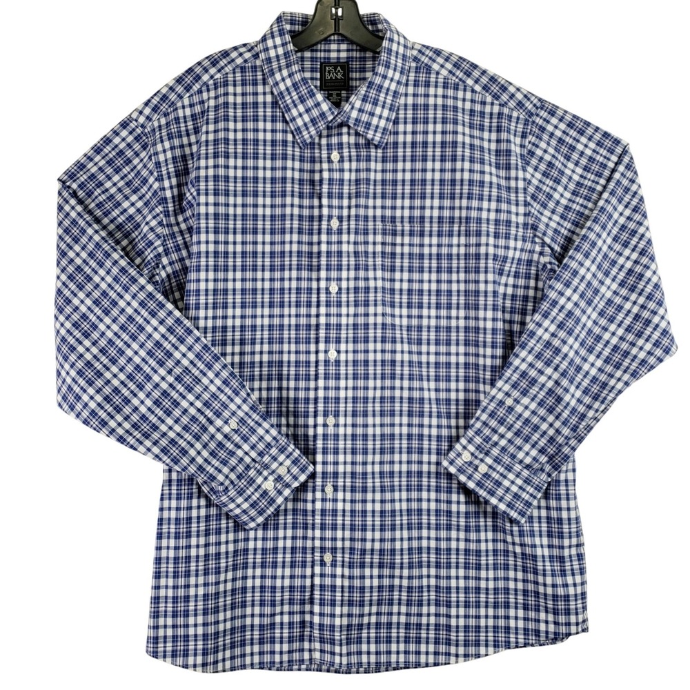 Jos. A. Bank Traveler Button Down Mens XXL Blue Plaid Traditional Fit Office